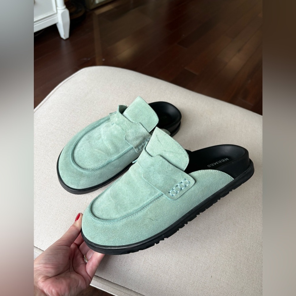 Hermes 2022 Go Mule Blue Suede Mules H Logo Unisex Chunky Slide Flat Shoes